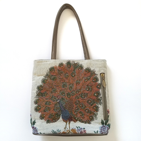 Vintage Handbags - Vtg Tapestry Peacock Handbag Shoulder Bag Purse Boho